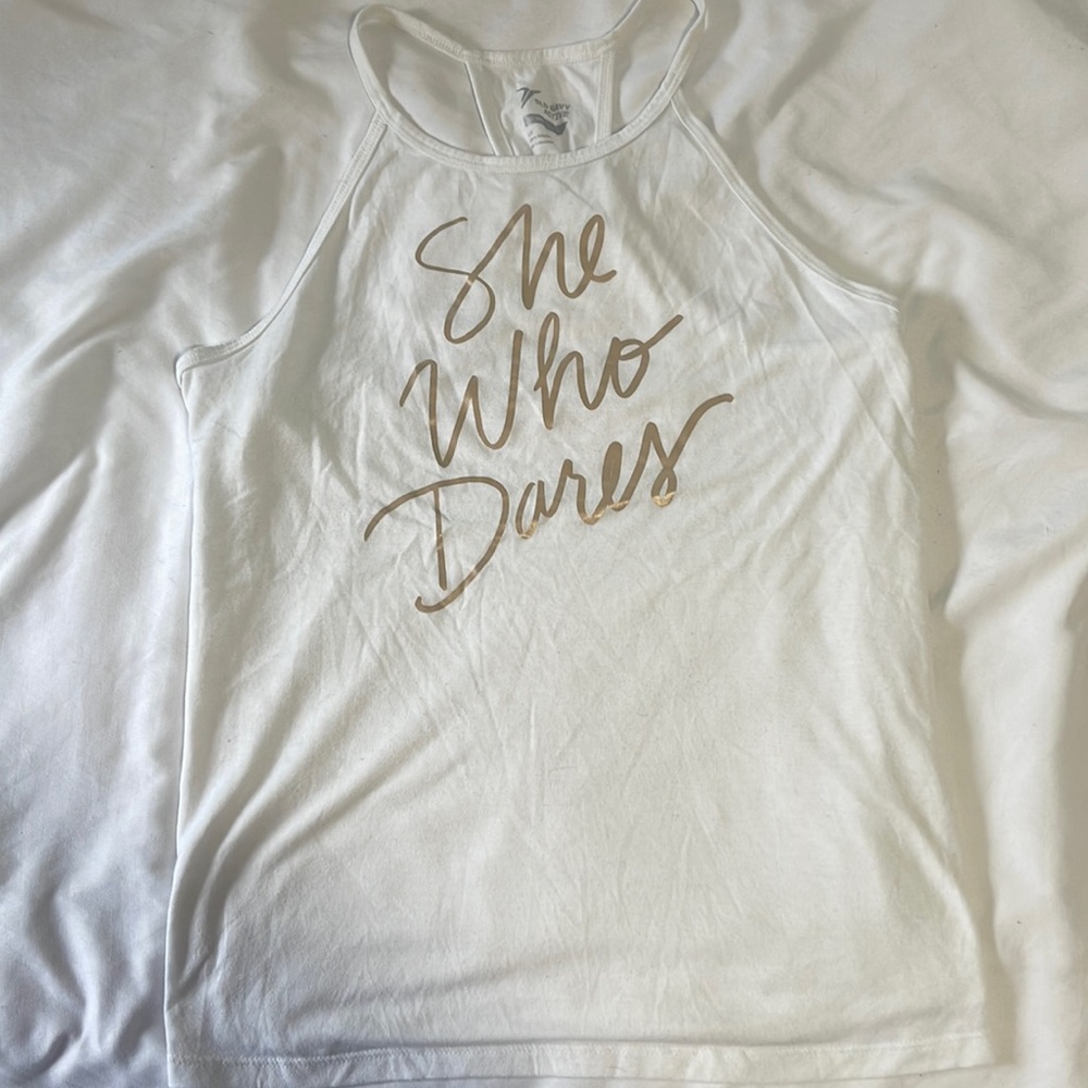 “She Who Dares” white and Gold tank top Large active wear